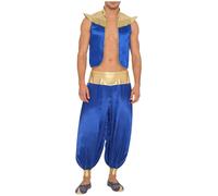 Yruioon Príncipe Árabe Costume Hombres En Seda Chaqueta Satinado Pantalones Harem Ropa Árabe Traje Sultán Oriental Traje Carnaval Azul 3XL