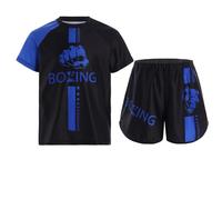 Yruioon - Ropa de Boxeo para Niños, Conjunto de Entrenamiento de Muay Thai, Kickboxing, Shorts + Camiseta, Artes Marciales MMA, Kick Boxing para Niños, A azul., 146/152 cm