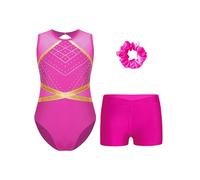 Yruioon Traje Gimnasia Niñas Traje Baile Con Pantalones Cortos Moño Baile Con Brillo Leotardos Competencias Gimnasia Y Rosa oscuro 11-12 años