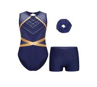 Yruioon Traje Gimnasia Niñas Traje Baile Con Pantalones Cortos Moño Baile Con Brillo Leotardos Competencias Gimnasia Y Azul marino 11-12 años