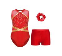 Yruioon Traje Gimnasia Niñas Traje Baile Con Pantalones Cortos Moño Baile Con Brillo Leotardos Competencias Gimnasia Y Rojo 11-12 años