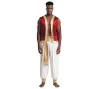 Yruioon Traje Príncipe Árabe Hombres Traje Oriental Sultán Chaqueta Seda Y Pantalones Harem Carnaval Y Fiestas Ropa Árabe Rojo y blanco 3XL