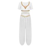 Yruioon Vestido Danza del Vientre para Mujer Disfraz de Princesa Árabe Crop tops con Pantalones Harén Traje de Baile India Conjunto de Danza Oriental para Fiesta Actuación Blanco S