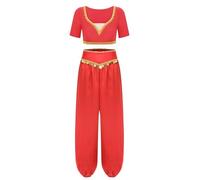 Yruioon Vestido Danza del Vientre para Mujer Disfraz de Princesa Árabe Crop tops con Pantalones Harén Traje de Baile India Conjunto de Danza Oriental para Fiesta Actuación Rojo XL