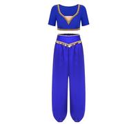 Yruioon Vestido Danza del Vientre para Mujer Disfraz de Princesa Árabe Crop tops con Pantalones Harén Traje de Baile India Conjunto de Danza Oriental para Fiesta Actuación Azul real S