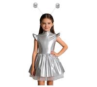 Yruioon Vestido Niña Alien Metalizado Vestido Niña Espacial Con Banda En La Frente Baile Alien Halloween Carnaval Fasching Fiesta Plata 7-8 años