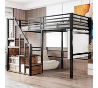 Yrxin Cama alta 90 x 200 cm, cama infantil con marco de hierro y estante, litera con protección anticaídas y escalera de almacenamiento, cama juvenil, cama de metal, sin colchón (negro)