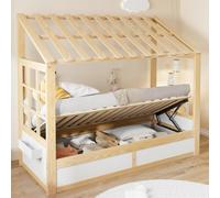 Yrxin Cuna de estilo rústico de 90 x 200 cm, hermosas formas de casa, cama con techo, ventana, espacio de almacenamiento hidráulico y compartimentos laterales de almacenamiento, sin colchón