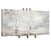 YS-Art Cuadro pintura abstracta hecho a mano Amanecer en el mar Paisaje marino colores claros con dorado beige Barcos Arte moderno 140x70 cm