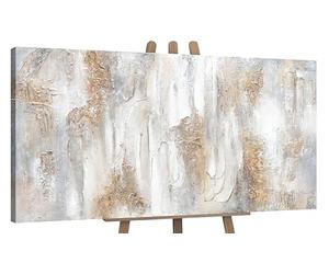 YS-Art Cuadro pintura abstracta hecho a mano en beige con líneas doradas Filosofía Decoración de pared salon modern Arte murale 140x70 cm