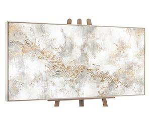 YS-Art Cuadro pintura abstracta hecho a mano en beige con líneas doradas Geschichte Decoración de pared salon modern Arte murale con marco 120x60 cm