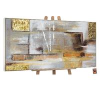 YS-Art Pintado en acrílico Arte abstracto de la pared Abstracción dorada Colores claros con dorado Pintura hecha a mano con marco 140x70 cm