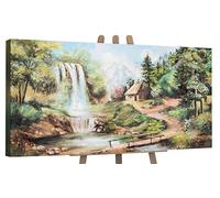 YS-Art Pintado en acrílico en verde con una Cascada Motivo veraniego Paisaje acogedor Decoración de pared salon modern Arte abstracto 120x60 cm