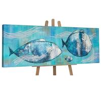 YS-Art Pintado en acrílico Familia del mar Cuadros contemporáneos Motivo Marino Decoración para Habitaciones Azules Brillantes 150x50 cm