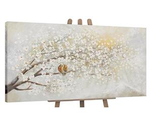 YS-Art Pintado en acrílico paisaje primaveral Amanecer Pintura hecha a mano árboles en flor Bellas flores blancas 120x60 cm
