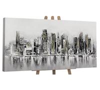 YS-Art Pintura abstracta cuadros Metrópolis Colores blanco y negro Pintado en acrílico Paisaje urbano ciudad con un puente sobre el río 140x70 cm