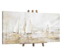 YS-Art Pintura abstracta sobre lienzo al oleo en acrílico Deslumbramiento solar Paisaje marino Colores claros con dorado 140x70 cm