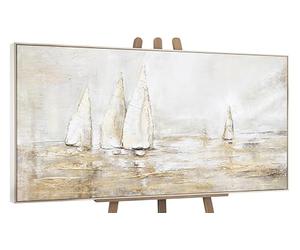 YS-Art Pintura abstracta sobre lienzo al oleo en acrílico Deslumbramiento solar Paisaje marino Colores claros con dorado con marco 140x70 cm