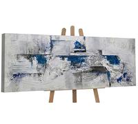 YS-Art Pintura abstracta sobre lienzo en acrílico Abstracción II tonos grises azules Decoración del hogar Pintado a mano 150x50 cm