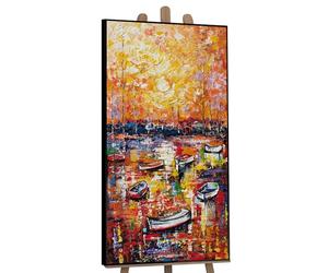 YS-Art Pintura abstracta sobre lienzo en acrílico Embarcadero Cuadros contemporáneos Motivo otoñal Color amarillo y naranja con marco 120x60 cm