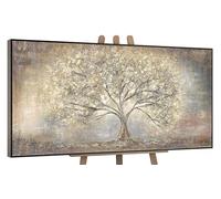 YS-Art Pintura abstracta sobre lienzo en acrílico Golden tree Colores claros con dorado Decoración de pared salon modern con marco 160x80 cm