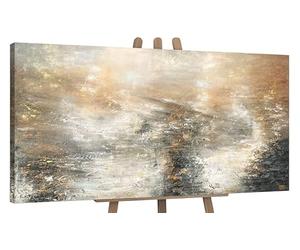 YS-Art Pintura abstracta sobre lienzo en acrílico Poder elemental arte abstracto Pintura hecha a mano en tonos grises y dorados 120x60 cm