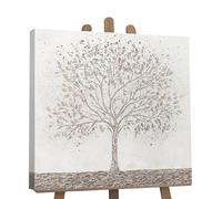 YS-Art Pintura hecha a mano Árbol de la riqueza Pintado en acrílico en colores claros con madera abstracta plateada Decoración de pared 80x80 cm