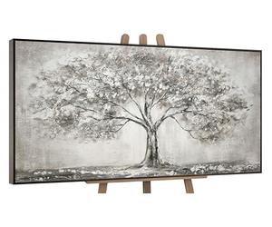 YS-Art Pintura hecha a mano El árbol de la vida Decoración de pared salon modern tonos grises Paisaje acogedor Arte moderno con marco 100x50 cm