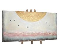 YS-Art Pintura hecha a mano Energía solar Abstracta paisaje marino dorado y un bonito color rosa Arte moderno Pintado en acrílico 120x60 cm