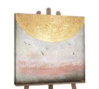 YS-Art Pintura hecha a mano Energía solar II Abstracta paisaje marino dorado y un bonito color rosa Arte moderno Pintado 90x90 cm