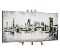 YS-Art Pintura hecha a mano Gran ciudad Pintado abstracta Colores blanco y negro Paisaje urbano Ciudad con un puente sobre el río 160x80 cm