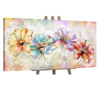 YS-Art Pintura hecha a mano Hermosas flores Cuadro Decorativo Abstracto Colores claros con dorado Motivo veraniego Arte moderno 140x70 cm