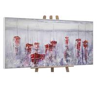 YS-Art Pintura hecha a mano motivo marino Un puerto tranquilo Pintado en acrílico con barcos rojos en un paisaje de niebla Arte con marco 160x80 cm