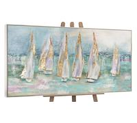 YS-Art Pintura hecha a mano Paisaje marino Veleros Tonos turquesa brillante con dorado Motivo veraniego Barcos Decoración con marco 200x100 cm