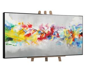 YS-Art Pintura hecha a mano Una vida llena de color Decoración de pared salon modern Brillantes colores del arco iris en estilo acuarela con marco 140x70 cm