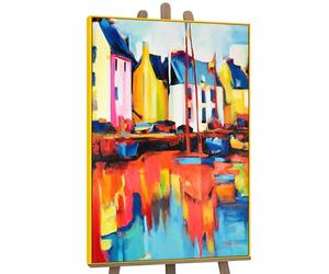 YS Enmarcado Pintado en acrílico ciudad con un puente sobre el río Yates y amarres Cuadro Decorativo Abstracto Decoración de pared salon modern 120x80 cm