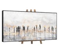 YS Enmarcado Pintado en acrílico Lluvia de verano Paisaje urbano Colores claros con dorado Figuras humanas abstractas Pinturas hechas a mano 160x80 cm