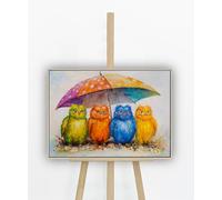 YS Lienzo con paraguas de pájaros coloridos, cuadro maravilloso para el día lluvioso, cuatro pájaros mullidos, paraguas arcoíris, 50 x 70 cm, enmarcado, habitación infantil, cocina, decoración