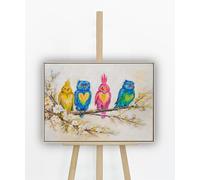 YS Lienzo decorativo con diseño de corazones de pájaros, cuatro pájaros del amor, amarillo, azul, rosa, verde, 50 x 70 cm, enmarcado, para habitación infantil, salón, decoración alegre