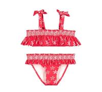 YSABEL MORA. Bikini Niña Detalles Volantes y Nido de Abeja Estampado Estrellas Marinas. Conjunto Infantil con Estampado de Estrellas de Mar y Lazos Decorativos.