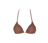 YSABEL MORA. Top Bikini Triángulo Tejido Calado Marrón Copa B. Top De Bikini Triangular Sin Aro con Relleno Extraíble Anudado Al Cuello Y La Espalda .Colección Sand.