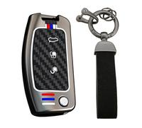 Ysbxitu Funda de llave de coche de metal compatible con Ford Fiesta Focus Kuga Mk2 Mk3 Puma Mondeo C-max Ecosport Textura de fibra de carbono Llavero de silicona, para coche y viaje C Negro