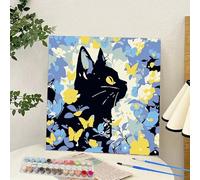 YSCOLOR Kits De Pintar Por Numeros Para Gato Negro Entre Flores, Juego De Arte Diy, Lienzo Preimpreso Con Pinceles Y Pinturas, Divertido Para Principiantes. Incluye Marco Interior 20X20 Cm