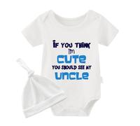 YSCULBUTOL Body para bebé con gorro y gorro con texto en inglés "If You Think I Am Cute You Should See My Uncle", Blanco Azul See Uncle, 4-6 meses