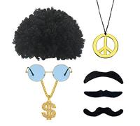 YSDYY 7 accesorios hippies, peluca afro, gafas redondas con montura dorada, bigote, collar de paz y collar de dólar, accesorios de ropa vintage hippie de los años 70.