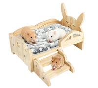 Ysislybin Cama Hamster, 34 x 22 x 7 cm Cama de Madera para Cobayas con Colchón Extraíble y Escalera de 15,5 cm de Ancho para Conejos Hámsteres Cobayas Hurones Erizos Mi Vecino Totoro y Ardilla