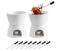 Ysislybin Juego de 2 Set Fondue de Chocolate, Tazas de Fondue de Chocolate de Cerámica con 8 Tenedores 400ML Mini Calentador de Cerámica para Chocolate Queso Helado Mantequilla (Velas No Incluidas)
