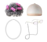 YSJCHEBS 1 Peluca, 1 Peluca, Sombrero De Red, 1 Gafas con Cadena, 1 Collar Y 4 Rulos, Conjunto De Disfraz De Anciana, Accesorios De Cosplay