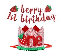 YSJCHEBS 1 Sombrero De Cumpleaños con Corona De 1 Año, 1 Bandera De Cumpleaños, Accesorios De Fotografía para Fiestas, Decoraciones De Fresas Rojas, Decoraciones para Fiestas De Cumpleaños Infantiles