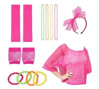 YSJCHEBS 1 Traje Rosa, 4 Pulseras, Ropa Neón, Disfraz De Los 90, Disfraz De Los 80, Disfraz De Mujer Rosa, Vestido De Fiesta
